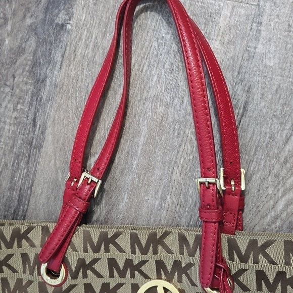 Michael Kors Red Handle Canvas Tote Bag Jet Set Messenger - Picture 9 of 9